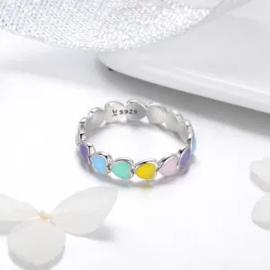 Colorful Eenamel Heart Rainbow 925 Sterling Silver Ring