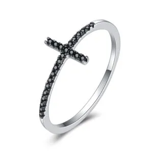 Personality Cross Ring Platinum Black Zircon Ring Sterling Silver Ring