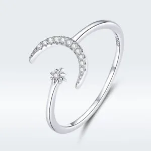 S925 ring open adjustable moon sun zircon paved fine finger ring platinum plated sterling silver ring girl