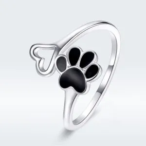 S925 ring open adjustable black enamel animal paw print love heart platinum plated sterling silver ring girl jewelry