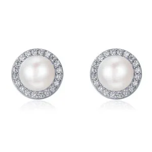 Fine Freshwater pearl/Zircon Pierced Earrings 925 Sterling Silver