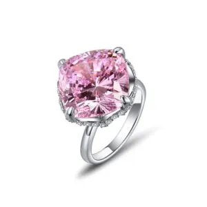 925 Sterling Silver Radiant Cut 14*14mm 5A CZ Lab Pink Diamond Gemstone Wedding Ring