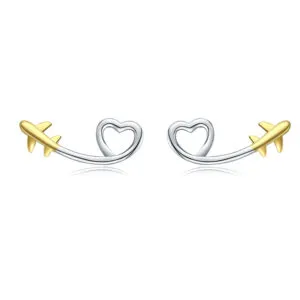 Personality Airplane Love Heart 14k Gold Plated 925 Sterling Silver Stud
