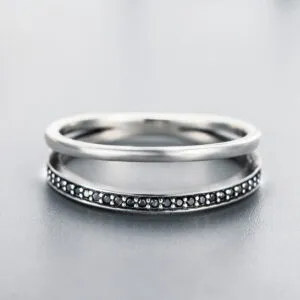 Black CZ Gemstone Ring Personalized Double Layer Cubic Zircon 925 Sterling Silver