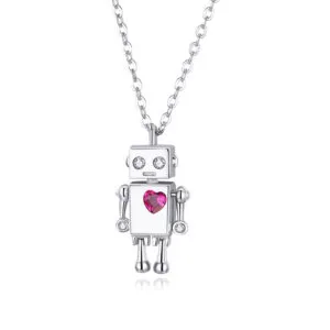 Fashion Choker Necklace Jewelry Robot Red Zircon Heart Pendant 925 Sterling Silver