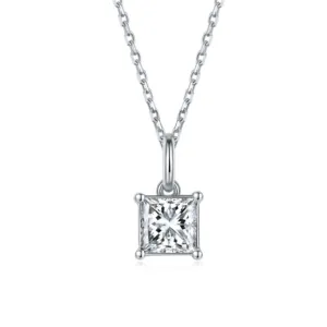 Silver 925 1 ct Diamond Square Shape D Color Moissanite Pendant Necklace Princess Cut